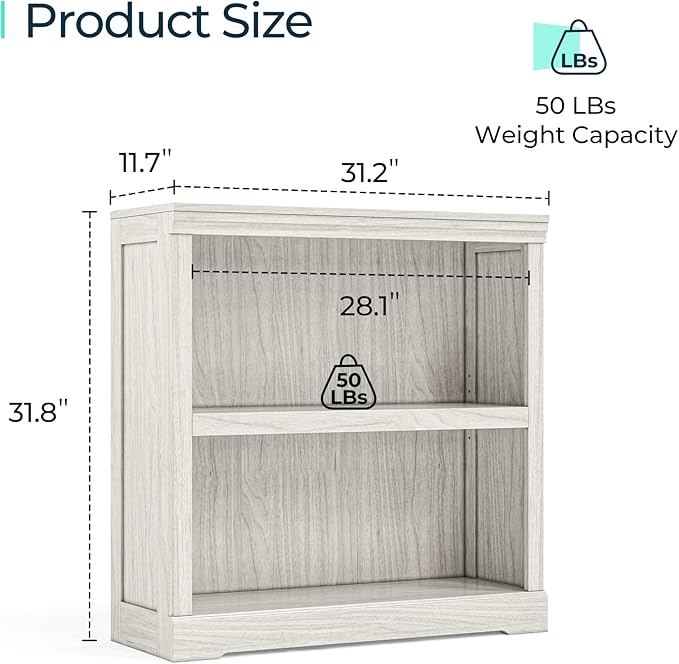 LINSY HOME 2-Tier Bookcase and Bookshelf, Small Wood Display Storage Shelves Farmhouse Bookshelf for Home Office, Living Room, Bed Room - White Oak