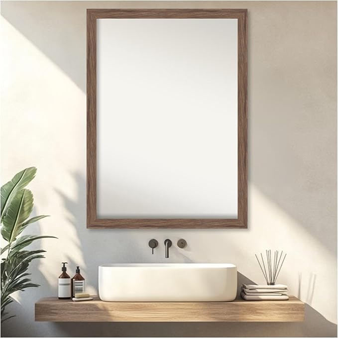 Amanti Art Brown Bathroom Mirror for Over Sink, 30x41 Pia Medium Brown Narrow Rectangle Vanity Mirror, X-Large Casual Frame, Hangs Horizonally and Vertically, Bathroom Wall Decor, Non-Beveled Edge