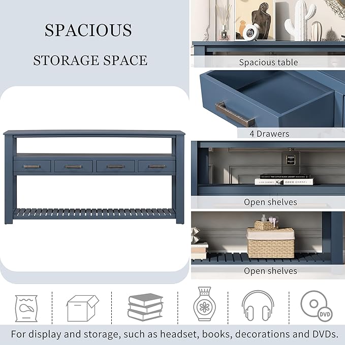 Ball & Cast 62.2“ Contemporary 4 Drawers Console Table, Long Entryway-Table with Drawer & 3 Tier Shelves, FarmhouseWood Storage Sofa Couch-Tables for Entrance Hallway Living, Blue