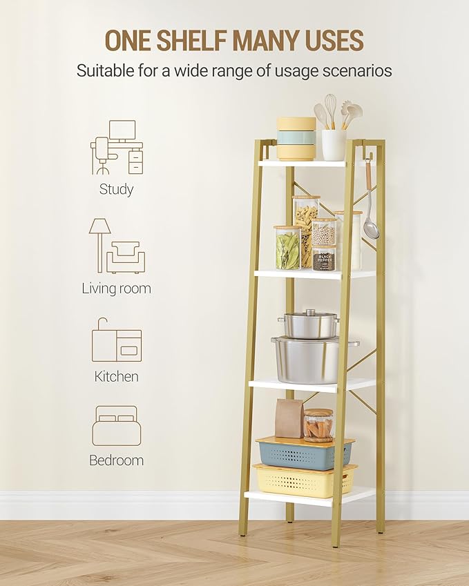Ladder Shelf, Bookshelf Bookcase, Freestanding Corner Storage Shelve with 2 Hooks for Home Office, Living Room, Kitchen, Bedroom, Industrial, 4-Tier White Gold BC13213G