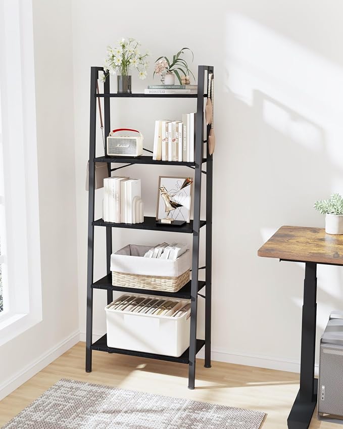 Ladder Shelf, Bookshelf Bookcase, Freestanding Corner Storage Shelve with 2 Hooks for Home Office, Living Room, Kitchen, Bedroom, Industrial, 5-Tier Black BC19304B