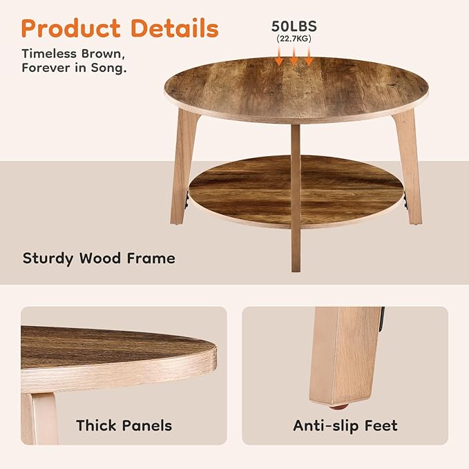 Sweetcrispy Round Coffee Table, 32'' Wood Coffee Tables for Living Room with Storage, 2-Tier Center Circle Counter with Wooded Desktop, 50 lbs Capacity, Anti-Slip Feet, Modern Farmhouse Design, Brown