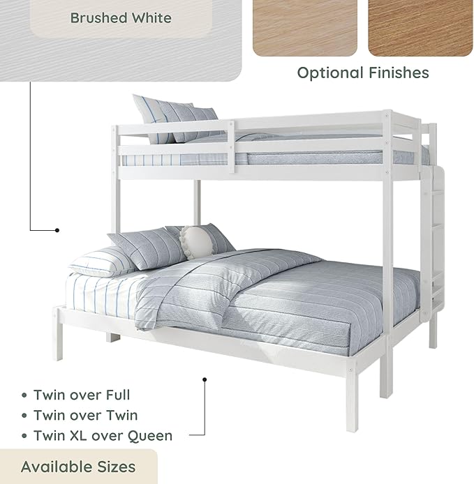 Grain & Grove Bear Twin XL Over Queen Bunk Bed, Sturdy Bunk Bed Frame for Kids, Plywood Bunk with Ladder, Guardrail, and Slats, No Box Spring Required, Brushed White