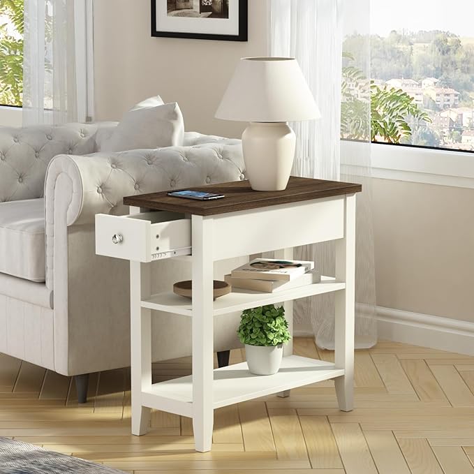 ChooChoo Side Table Living Room Set of 2, Narrow End Table with Drawer and Shelf, 3-Tier Sofa End Table for Small Space, White and Brown
