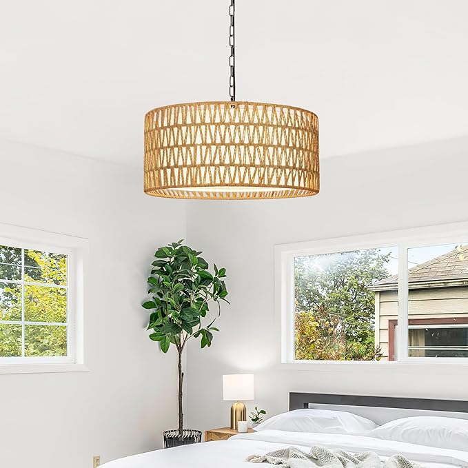Farmhouse Chandeliers for Dining Room, Hand Woven 5-Light Rattan Pendant Light, Boho Rattan Chandelier with Linen Shade, Rustic Hanging Lighting for Bedroom and Kitchen Island (Bulb Not Included)