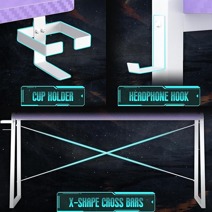 Gaming Desk with Hutch and LED Lights, Gaming Computer Desk with Power Outlets, Gamer Desk with Storage Shelves & Pegboards for Bedroom, Carbon Fiber Purple, 43"