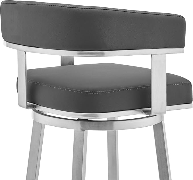 Armen Living Lorin Modern 26" Seat Height Gray Faux Leather and Brushed Stainless Steel Metal Swivel Bar Stool for Kitchen Island Counter