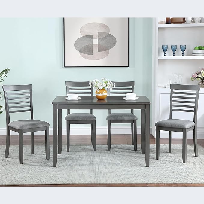 KEIKI 5-Piece Standard Height Dining Table Set with Rectangular Table and 4 Upholstered Ladder Backrset Chair, for 4 Person, Modern Wooden Table Set, Easy Assembly, for Kitchen, Dining Room, Gray