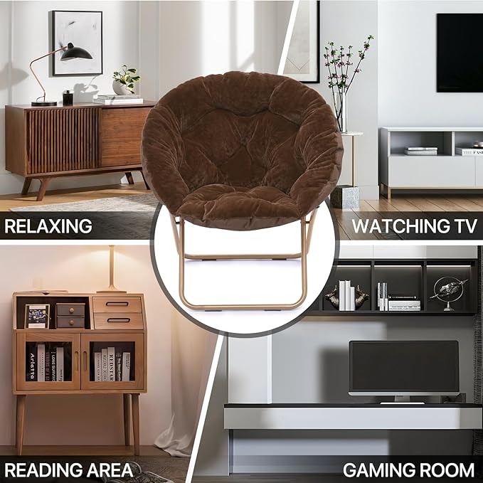 MoNiBloom Round Folding Faux Fur Saucer Chair for Bedroom Living Room Dorm Foldable Metal Frame Oversized Large Comfy Furry Padded Soft Cozy Moon Chair with Footrest Ottoman for Adults (Brown)