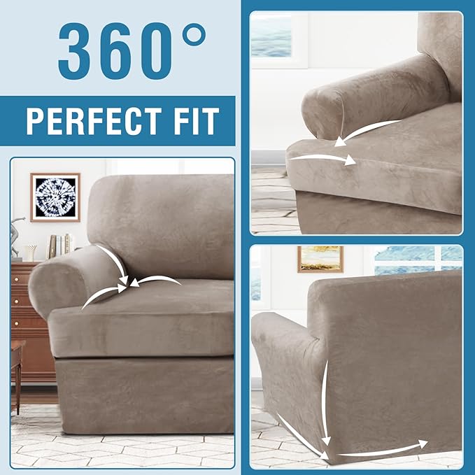H.VERSAILTEX Sofa Cover 2 Piece Armchair Slipcovers Thick Velvet Couch Cover Furniture Protector Stretch Sofa Covers for 1 Cushion Couch with 1 Individual T Cushion Covers Washable, Taupe