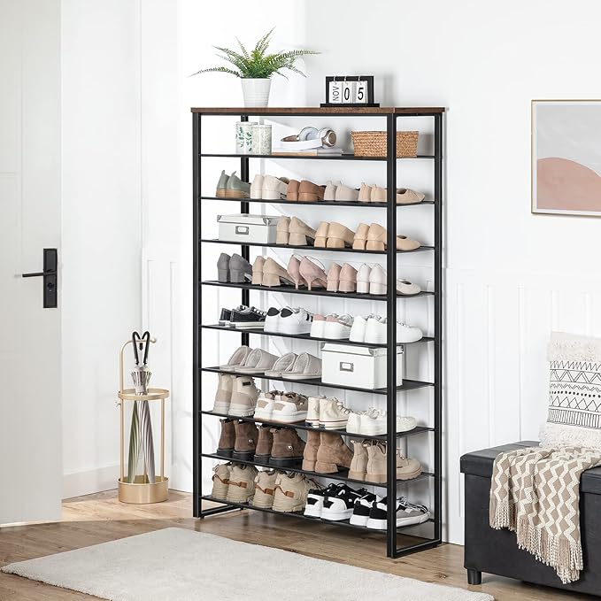 HOOBRO 10-Tier Shoe Rack, 39.4" L Shoe Storage Organizer, Large Capacity Shoe Shelf for Front Door Entrance, Entryway, Hallway, Holds 45-50 Pairs of Shoes, Closet, Rustic Brown BF171XJ01