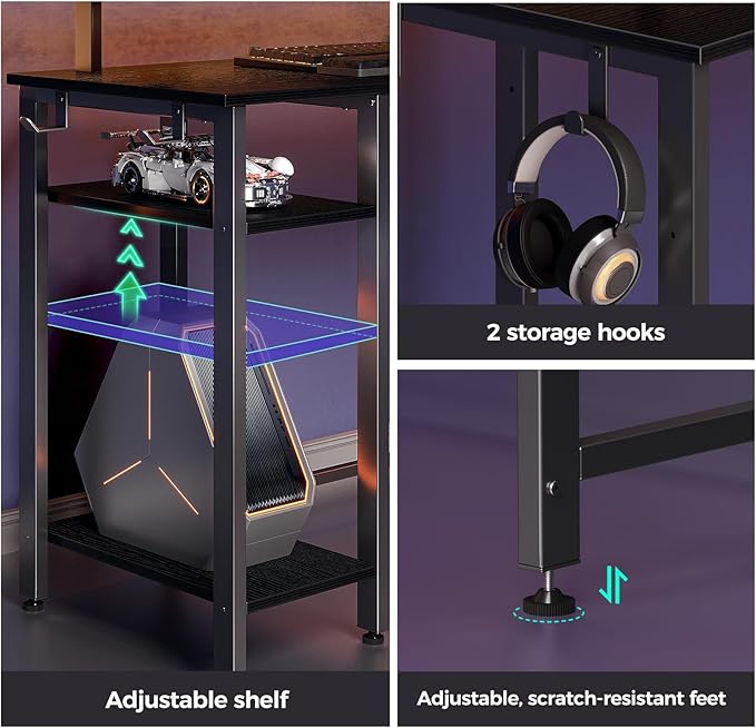 Rolanstar L Shaped Gaming Desk with LED Lights & Power Outlets, 46.2" Computer Desk with Full Monitor Stand & Storage Shelf, Corner Desk with Hooks, Black Desk Reversible