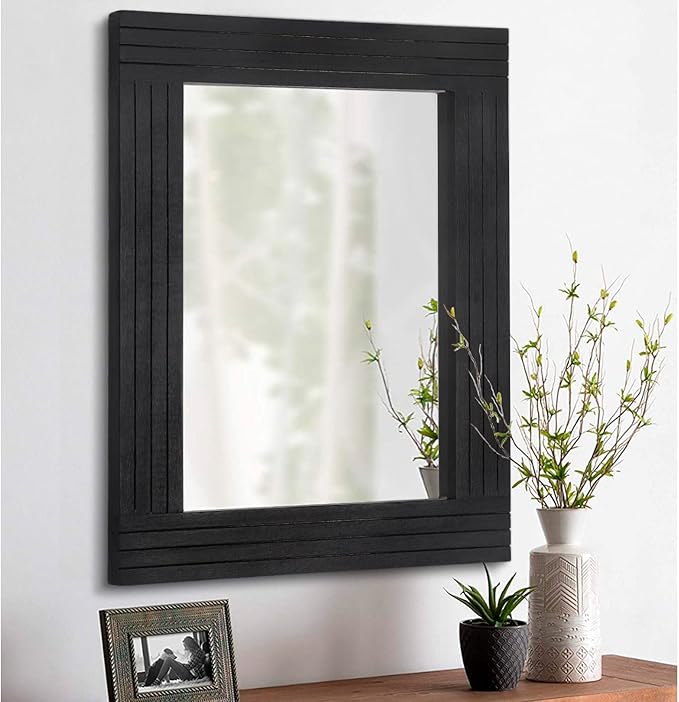 Black Vintage Rustic Wood Framed Wall Mirror Farmhouse Rectanglular Antique Decor Hanging Mirror for Bathroom Bedroom Living Room Entryway Large 16"x12"