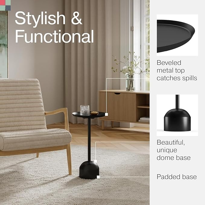 Round Metal Drink Table, Pedestal Drink Desk, Modern Home, Bedroom, and Living Room Furniture, Small Metal Side Table with Dome Base and Beveled Top, Beverage Desk (Black)