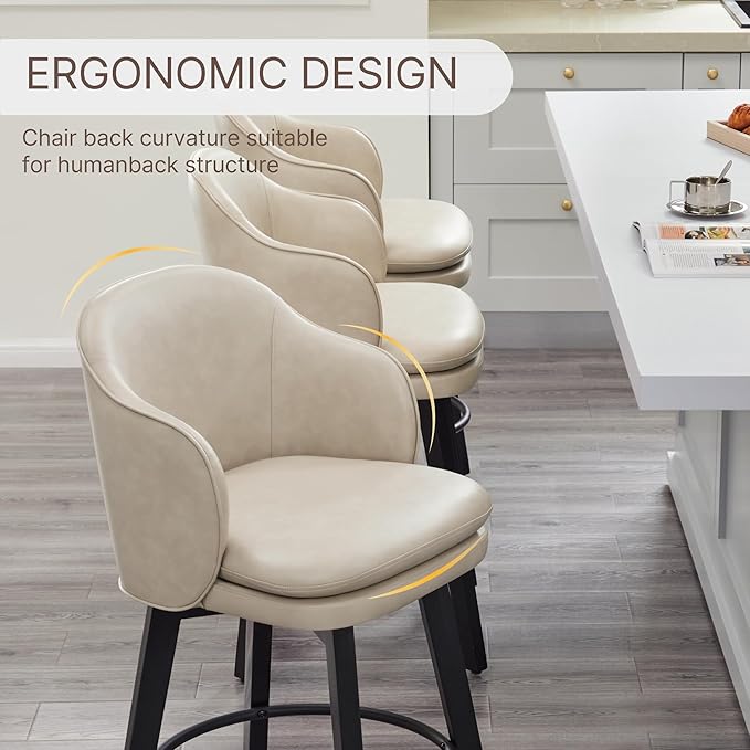 Counter Height Barstools 26 inch Upholstered Swivel Bar Stools with Back and Wood Legs for Kitchen Island,Set of 4,Beige PU Leather
