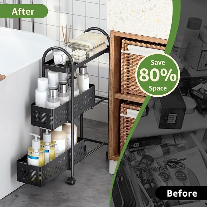 KINGRACK 3-Tier Slim Storage Cart with Pull Out Basket, Rolling Bathroom Organizer Utility, Metal Shelving Unit Slide Out, Lockable Wheels, Easy Assembly for Narrow Place, Kitchen, Laundry Room, Black