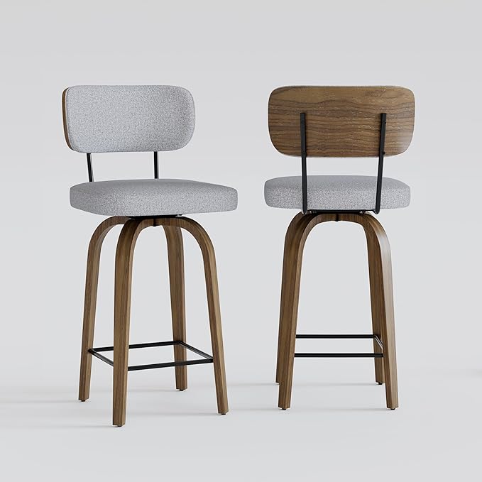 Swivel Counter Height Bar Stools with Back Set of 2, 26" Fabric Upholstered Kitchen Bar Stools with Wood Legs and Metal Footrest for Kitchen Island (Grey Fabric)