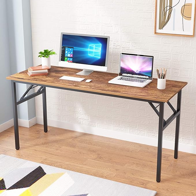 SDHYL 62 inches No Assembly Foldable Computer Desk for Home Office Workstation, Study and Writing, Rustic Brown