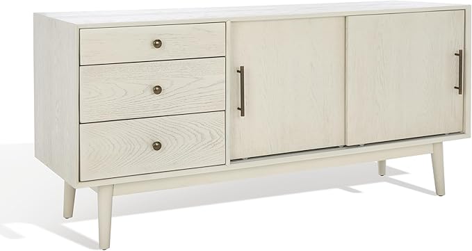 SAFAVIEH Couture Collection Tomas Mid-Century White Washed 3-Drawer Sliding Door Entertainment Media Stand (Fits up to a 65" Flatscreen TV)