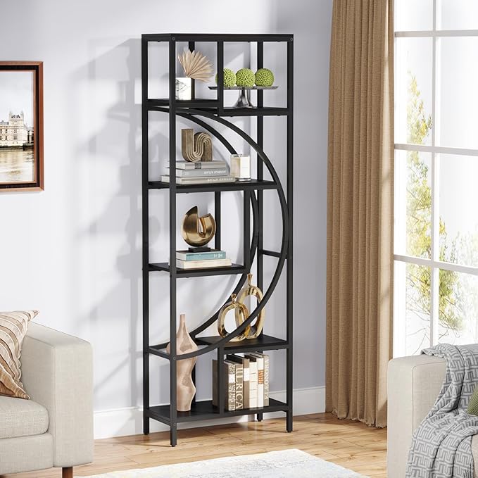 Geometric Bookshelf, 70.9" Tall Bookcase with 7-Shelf Open Shelves, Wood Metal Book Shelf Display Rack Storage Shelving Unit for Office, Bedroom, Living Room, Easy Assembly, Black