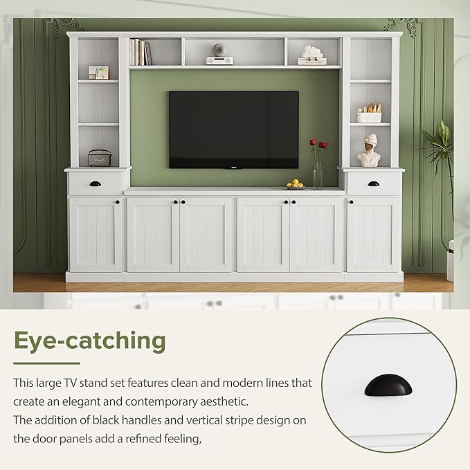 Merax Modern TV Stand Set w/Adjustable Bridge, Storage Media Console & Wall Units - Minimalist Entertainment Center for Living Room, White