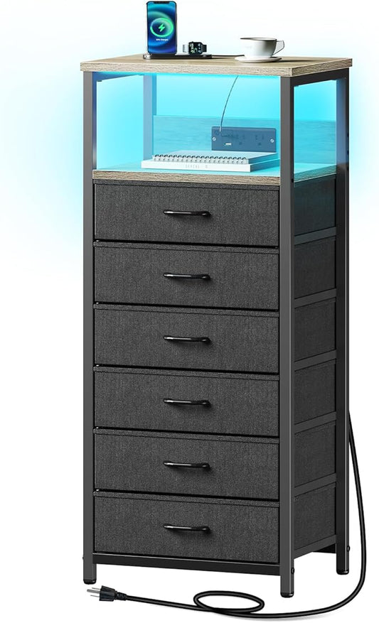 Seventable Night Stand with Charging Station, Tall Nightstand with 6 Fabric Storage Drawers, Side Table with LED Light for Bedroom, Entryway, Greige, Set of 2