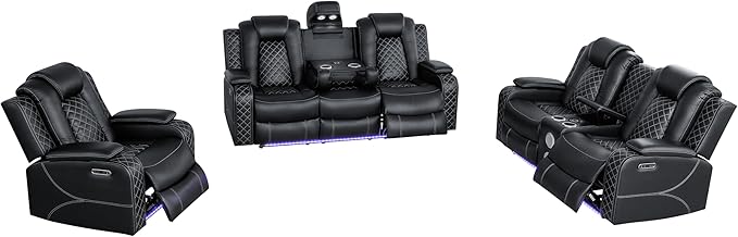 Ball & Cast Power Recliner Sofa Set Leather Reclining Sofa Set Living Room Furniture Set 3PCS Recliner Couch Loveseat and Chair Sets with LED,USB Charging,Cup Holders,Storage Console for Home Theater