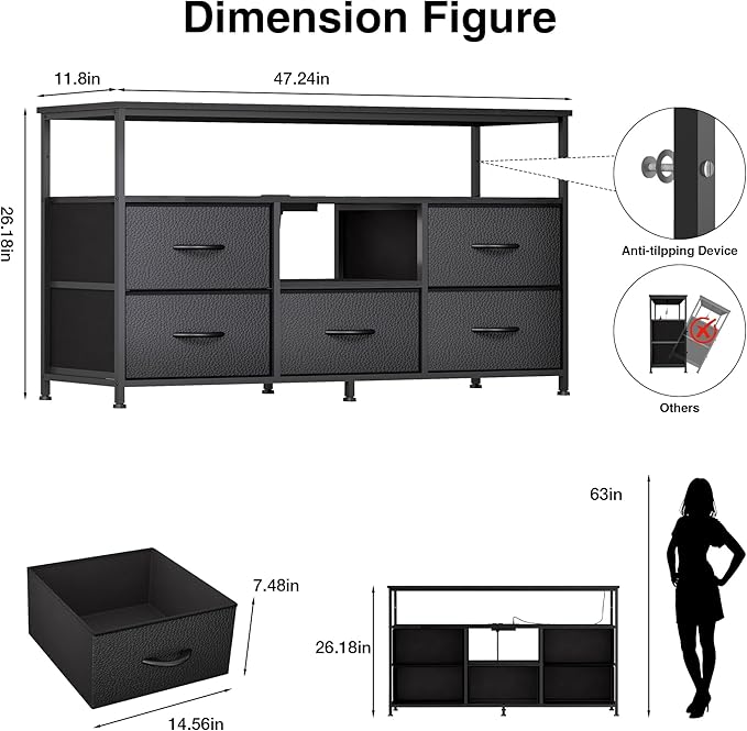 TV Stand for Bedroom, 47 Inch Dresser TV Stand for 43, 50, 55 Inch TVs, 5 Drawers Entertainment Center with Storage, LED Lights & Power Outlets, Media TV Console Table for Living Room, Black