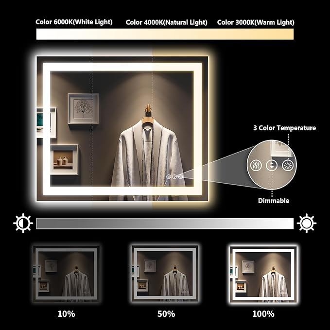 28x36 Inch LED Bathroom Mirror with Lights Front and Backlit Lighted Vanity Mirror for Bathroom Wall with 3 Colors Dimmable Anti-Fog Memory Shatter-Proof IP54 Waterproof Horizontal/Vertical