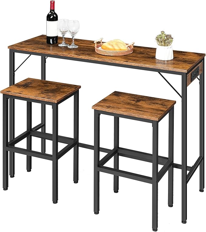 HOOBRO Bar Table and Chairs Set, 47.2" Dining Table Set with Power Outlet, 3-Piece Pub Table Set, Kitchen Bar Height Table with Stools of 2, Space Saving for Living Room, Rustic Brown BF46UBT01