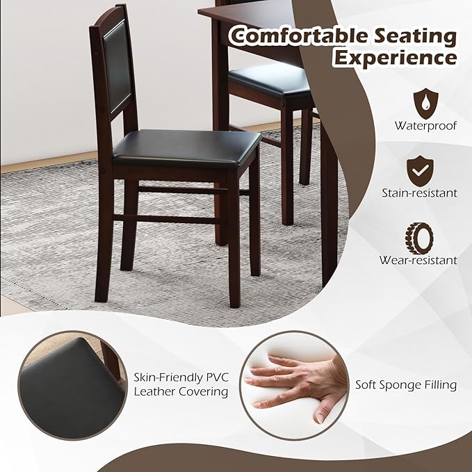 Giantex 5-Piece Dining Table Set for 4 - Breakfast Nook Table Set with Kitchen Table, 4 Upholstered Chairs, Wood Legs, Space-Saving Dinette Set, Kitchen Table Chairs Set of 4 (Cherry Brown)