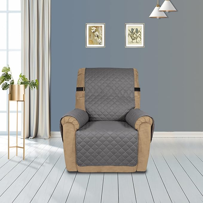 PureFit Reversible Sofa Cover Water Resistant Recliner Couch Cover, Machine Washable Furniture Cover with Adjustable Strap for Dogs, Pets (Recliner, Gray/Light Gray)