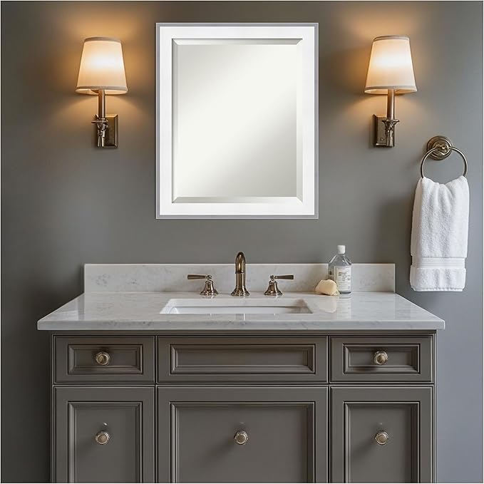Amanti Art Bathroom Mirror for Over Sink, 23x19 Maya White Silver Rectangle Vanity Mirror, Small Modern Contemporary Frame, Hangs Horizonally and Vertically, Bathroom Wall Decor, Beveled Edge