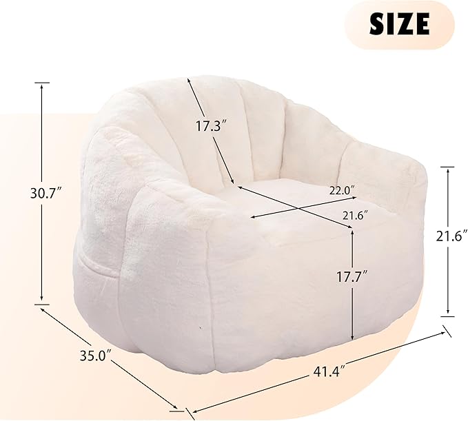 Furniliving Bean Bag Chair, Giant Bean Bag Chair Stuffed Floor Sofa for Adults Comfy Bean Bag Sofa with Back Support, Oversized Bean Bag Couch for Living Room Bedroom Dorm Office, Faux Leather, White
