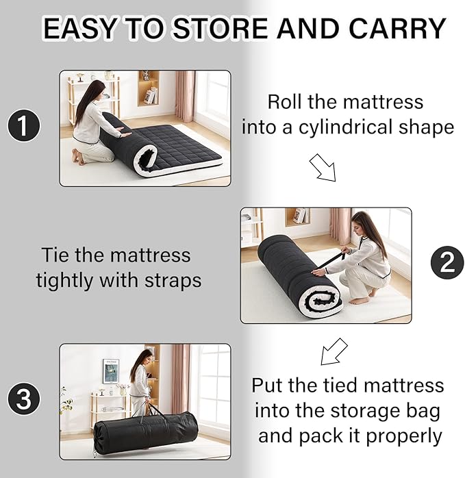 Welnow Japanese Futon Floor Mattress, Twin Size Thick Tatami Mat Portable & Foldable Roll Up Floor Bed Mattress with Storage Bag, Sleeping Pad for Adults, Dorm, Guest Bed, Camping and Travel, Black