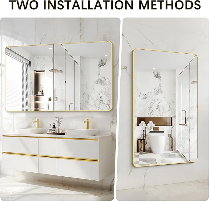 55x36 Inch Gold Bathroom Mirror, Metal Framed Large Rectangle Mirror, Rounded Rectangular Vanity Mirror, Wall Mounted Mirror for Over Sink Living Room Bedroom Entryway Horizontal/Vertical