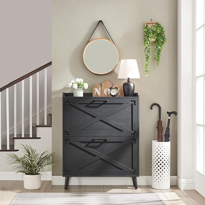 Shoe Storage Cabinet, Farmhouse Shoe Organizer with 2 Flip Drawers & Barn Door Design, Freestanding Hidden Slim Narrow Shoe Rack Cabinet for Entryway, Foyer, Hallway, Black