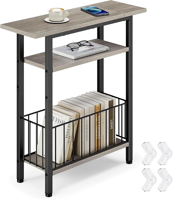 Vagusicc Narrow Side Table, Skinny Side Table for Couch, 3-Tier Small End Table for Small Spaces, Bed Side Tables with Storage, 25.2" Tall Slim Nightstand Bedside table for Living Room Bedroom, Greige