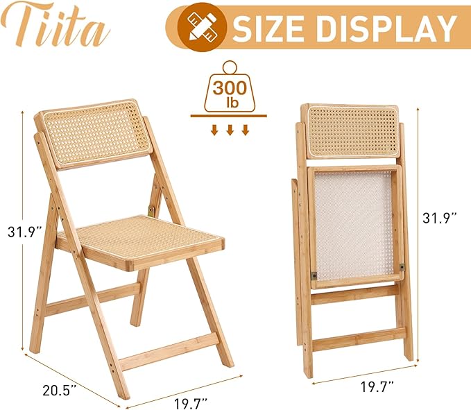 Tiita Rattan Dining Chairs Set of 2, Mid Century Modern Folding Chair, Bamboo Folding Dining Chairs for Small Space, Dining Room, Living Room, Bedroom, Wood