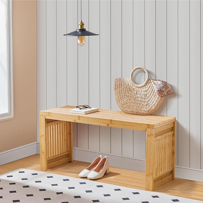 HOOBRO Dining Bench, 35 inch Bamboo Entryway Bench, Farmhouse Kitchen Table Bench, Outdoor Bench, Solid Bamboo Dining Room Benches for Kitchen, Living Room, Hallway, Bedroom, Natural YL16CD01
