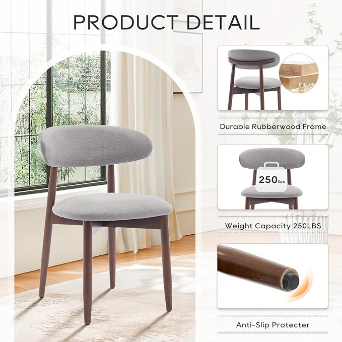 COLAMY Wooden Dining Chairs Set of 6, Modern Fabric Upholstered Dining Room Chair, Farmhouse Kitchen Chairs with Foot Pegs, Light Grey