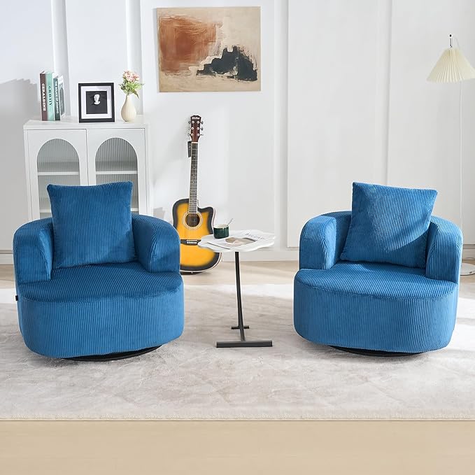 Furnimart 360° Swivel Barrel Accent Chair Set of 2, Round Upholstered Comfy Lounge Chair, Corduroy High-Resilienc Foam Single Sofa, No Assembly Wide Seat for Living Room, Bedroom, Apartment (Blue)