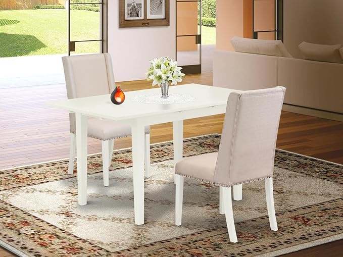 East West Furniture NOFL3-LWH-01 3 Piece Dinette Set for Small Spaces Contains a Rectangle Butterfly Leaf Table and 2 Cream Linen Fabric Upholstered Chairs, 32x54 Inch, Linen White