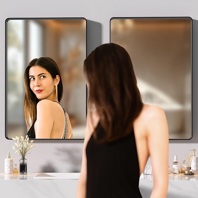 Hasipu 2 PCS Bathroom Mirror for Wall, 30 x 24 Inch Black Metal Framed Bathroom Mirrors for Over Sink, Rectangle Bathroom Vanity Mirror, Anti-Rust, Tempered Glass, Horizontal or Vertical