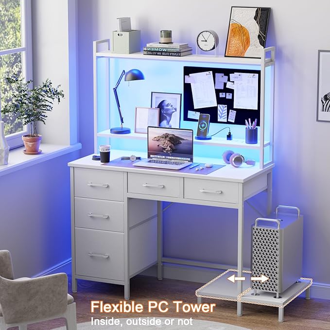 Computer Desk with Hutch, White Gaming Desk with Power Outlets & LED Ligthts & 5 Fabric Drawers, Home Office Desk with 2 Tiers Storage Shelves for Display (White Oak, 39 Inch)