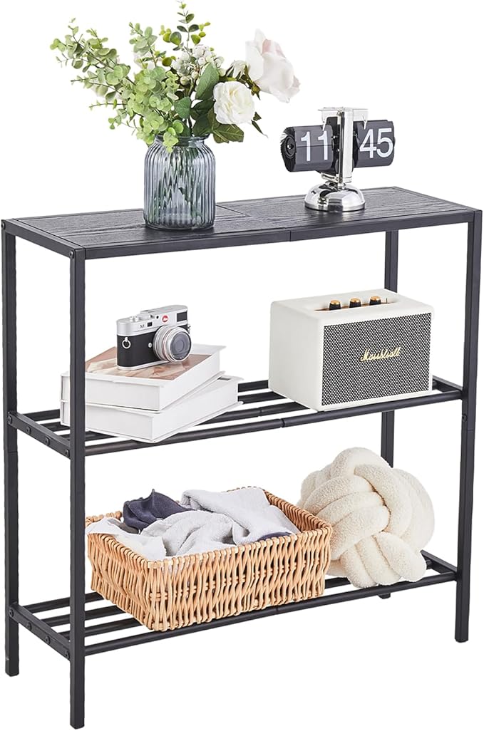 Wimarsbon 29.5" Narrow Console Table, 3-Tier Entryway Tables, Thin Sofa Table with Shelves, Metal Frame, Side Table, Display Table, for Hallway, Entrance, Living Room, Bedroom (Black Frame Black)