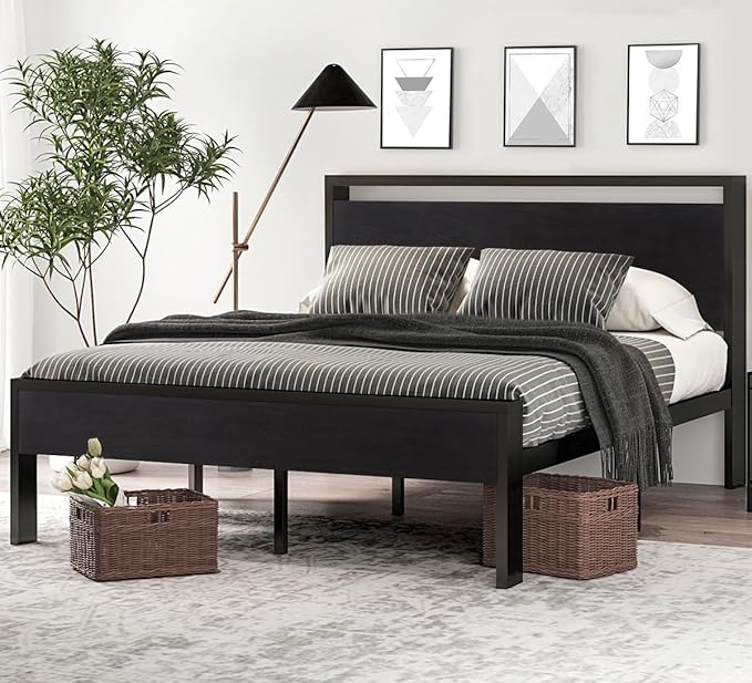 SHA CERLIN 14 Inch Queen Size Metal Platform Bed Frame with Wooden Headboard and Footboard, Mattress Foundation, No Box Spring Needed, Large Under Bed Storage, Non-Slip Without Noise, Black Oak