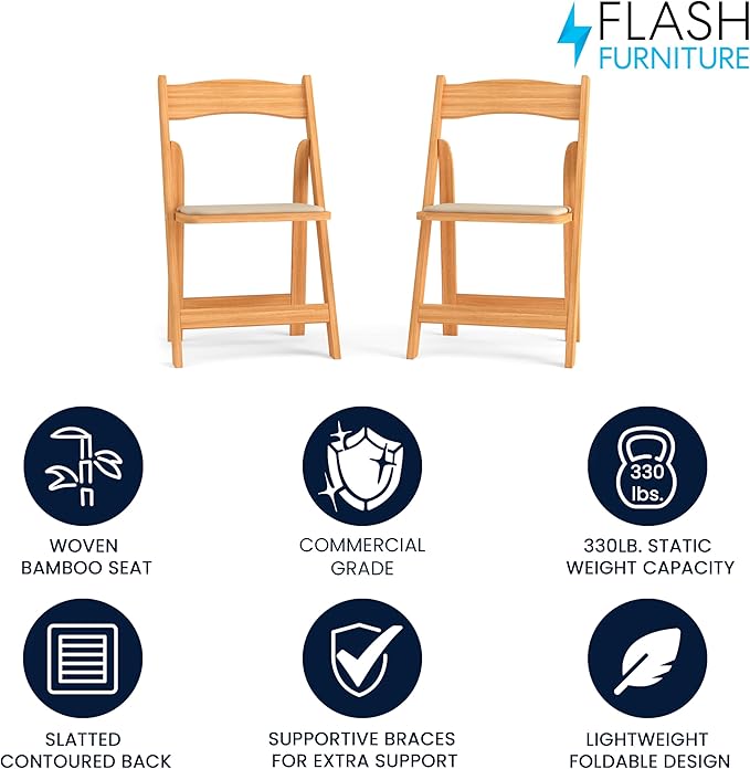Flash Furniture 2 Pack HERCULES Series Natural Wood Folding Chair with Vinyl Padded Seat