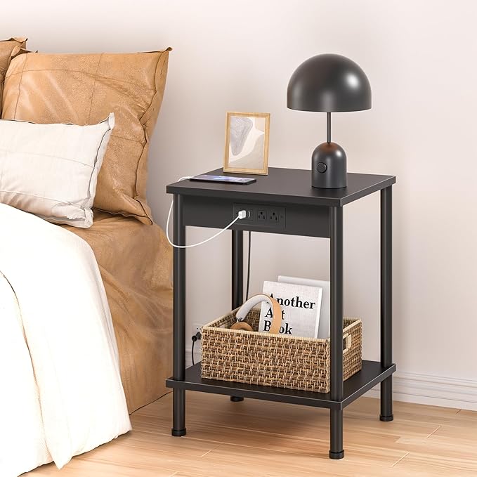 End Table with Charging Station,Small Side Table,2-Tier Nightstand with Storage Shelf,Sofa Bedside Table for Small Spaces in Living Room,Bedroom,Office,Easy Assembly,Black