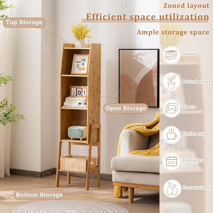 4-Tier Bamboo Bookshelf - Wood Bookcase Organizer with Open Shelves for Living Room & Home Office-Natural Large